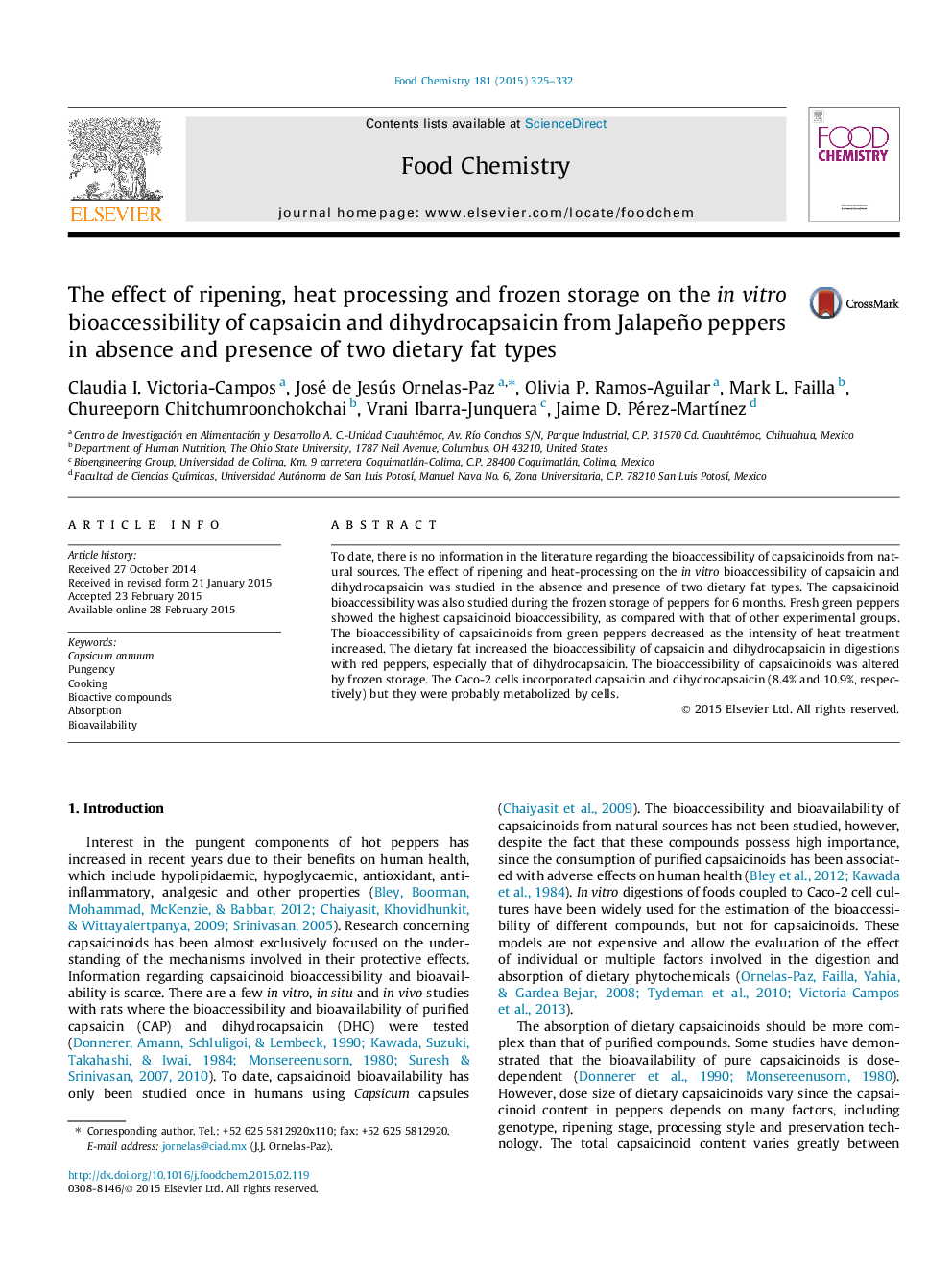 The effect of ripening, heat processing and frozen storage on the in vitro bioaccessibility of capsaicin and dihydrocapsaicin from Jalapeño peppers in absence and presence of two dietary fat types