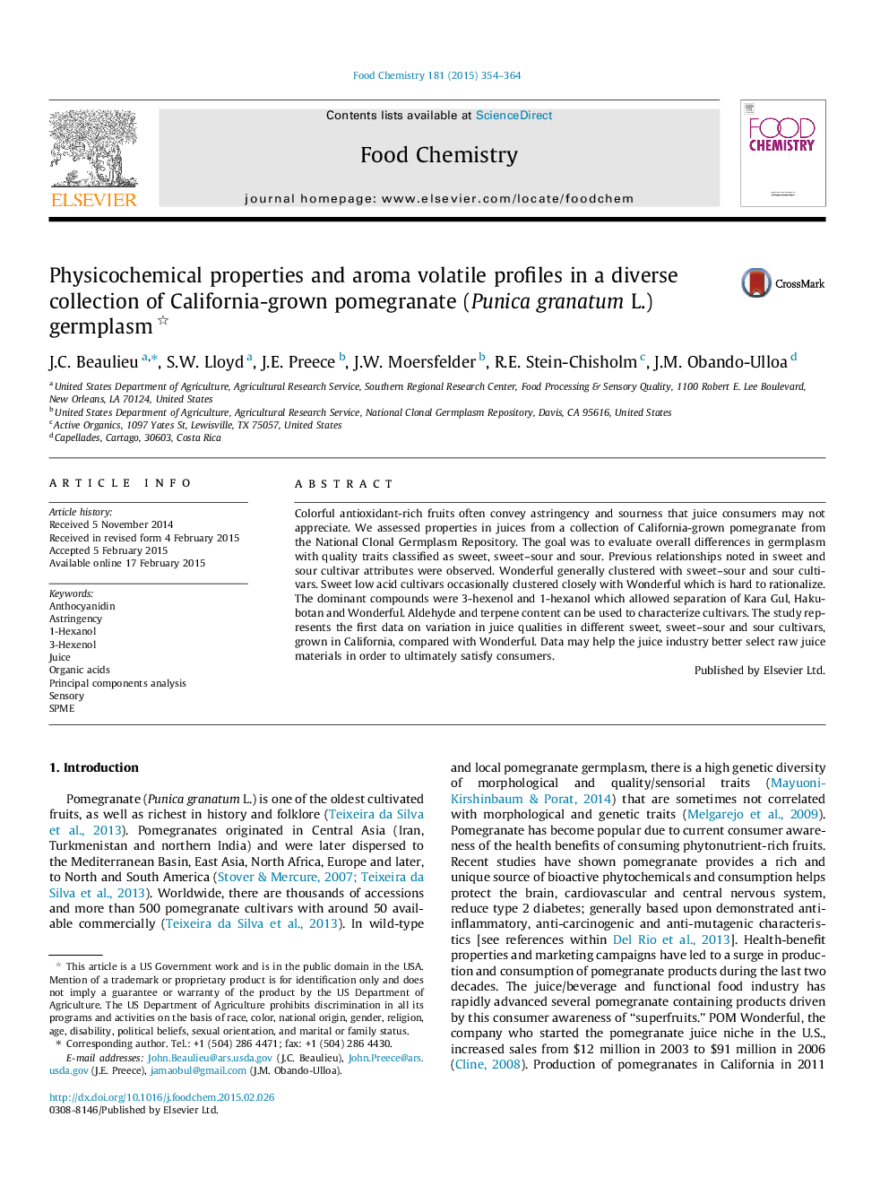 Physicochemical properties and aroma volatile profiles in a diverse collection of California-grown pomegranate (Punica granatum L.) germplasm 