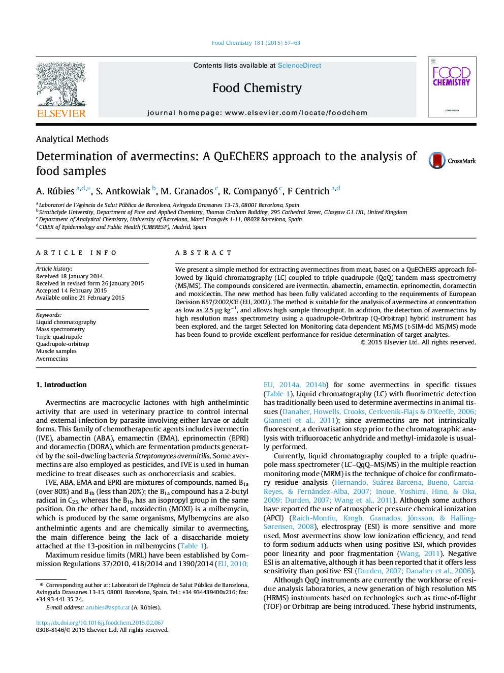 Determination of avermectins: A QuEChERS approach to the analysis of food samples