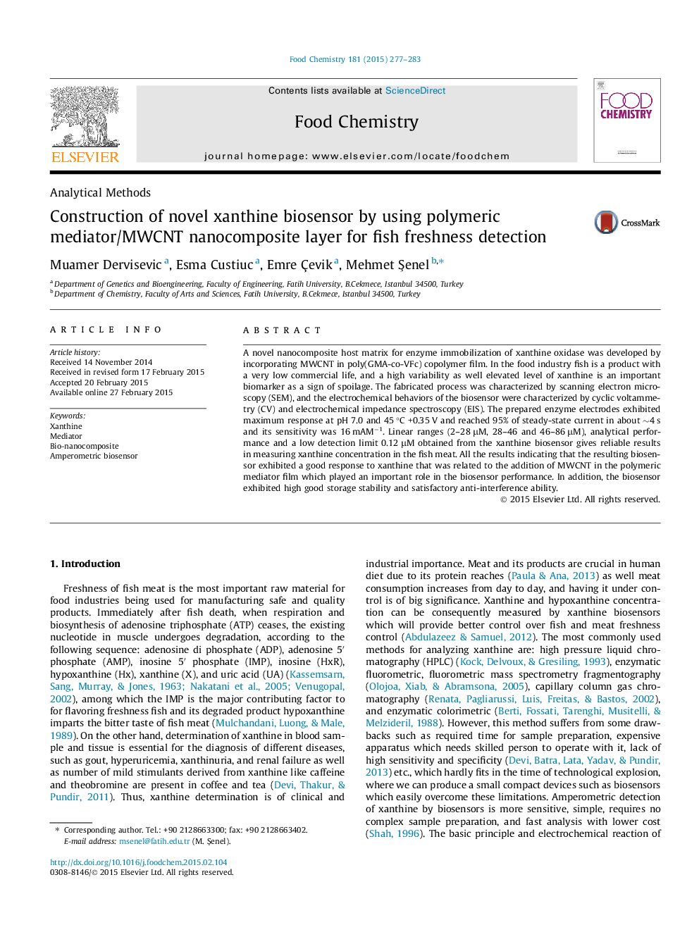 Construction of novel xanthine biosensor by using polymeric mediator/MWCNT nanocomposite layer for fish freshness detection