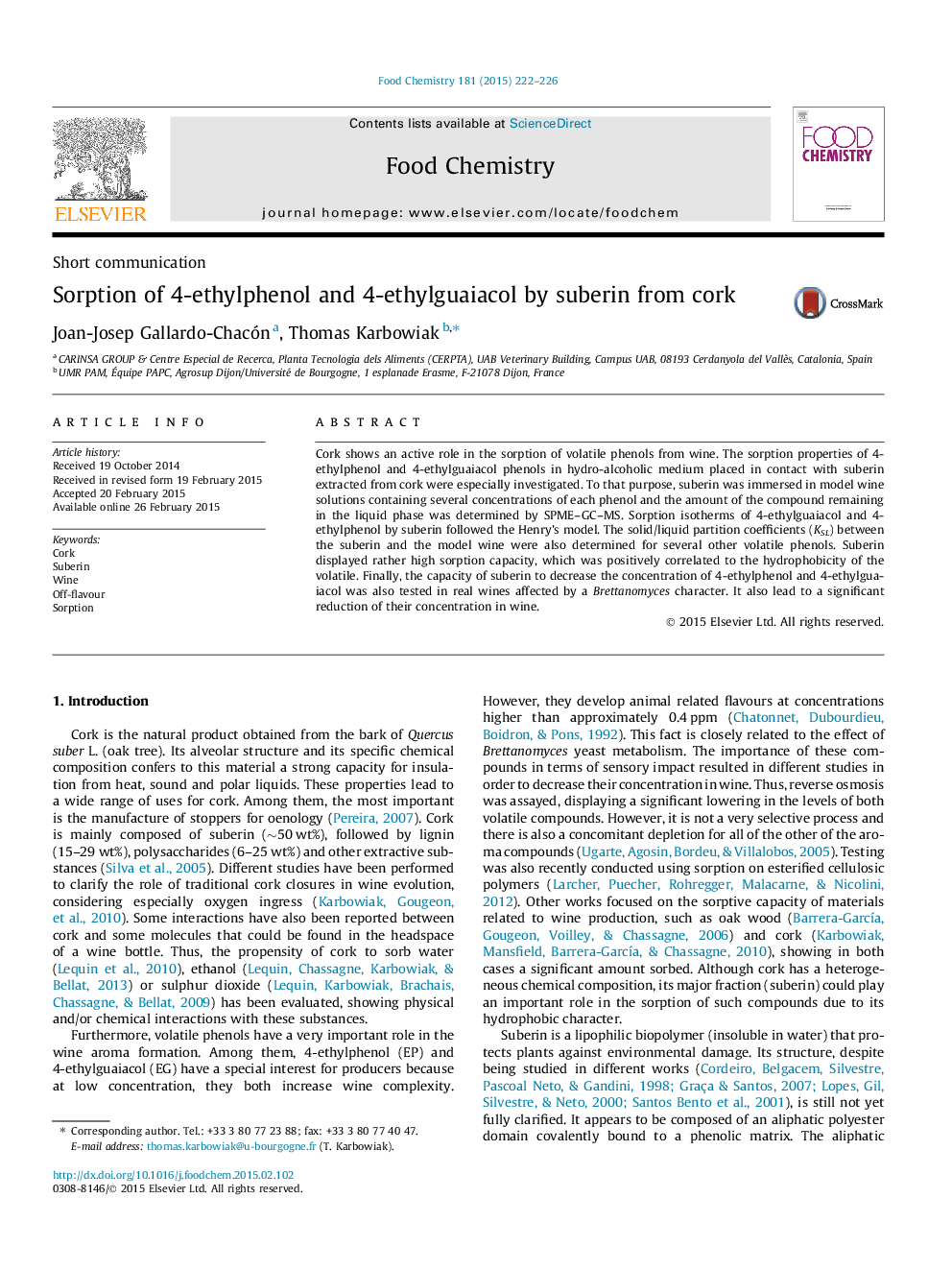 Sorption of 4-ethylphenol and 4-ethylguaiacol by suberin from cork