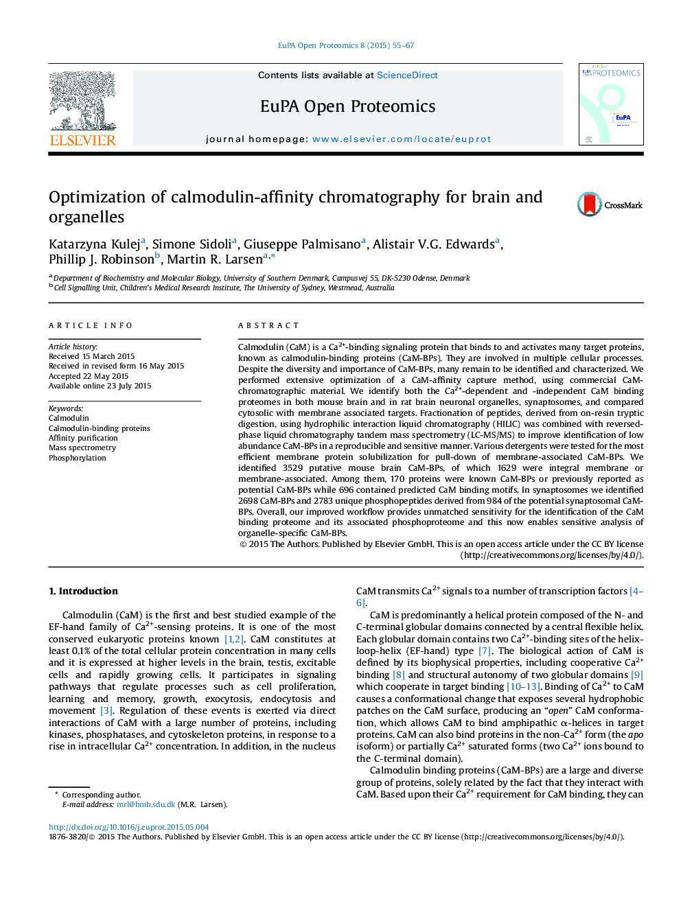 Optimization of calmodulin-affinity chromatography for brain and organelles