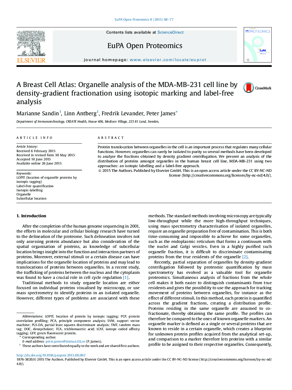 A Breast Cell Atlas: Organelle analysis of the MDA-MB-231 cell line by density-gradient fractionation using isotopic marking and label-free analysis