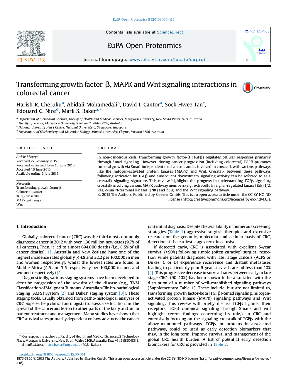 Transforming growth factor-β, MAPK and Wnt signaling interactions in colorectal cancer