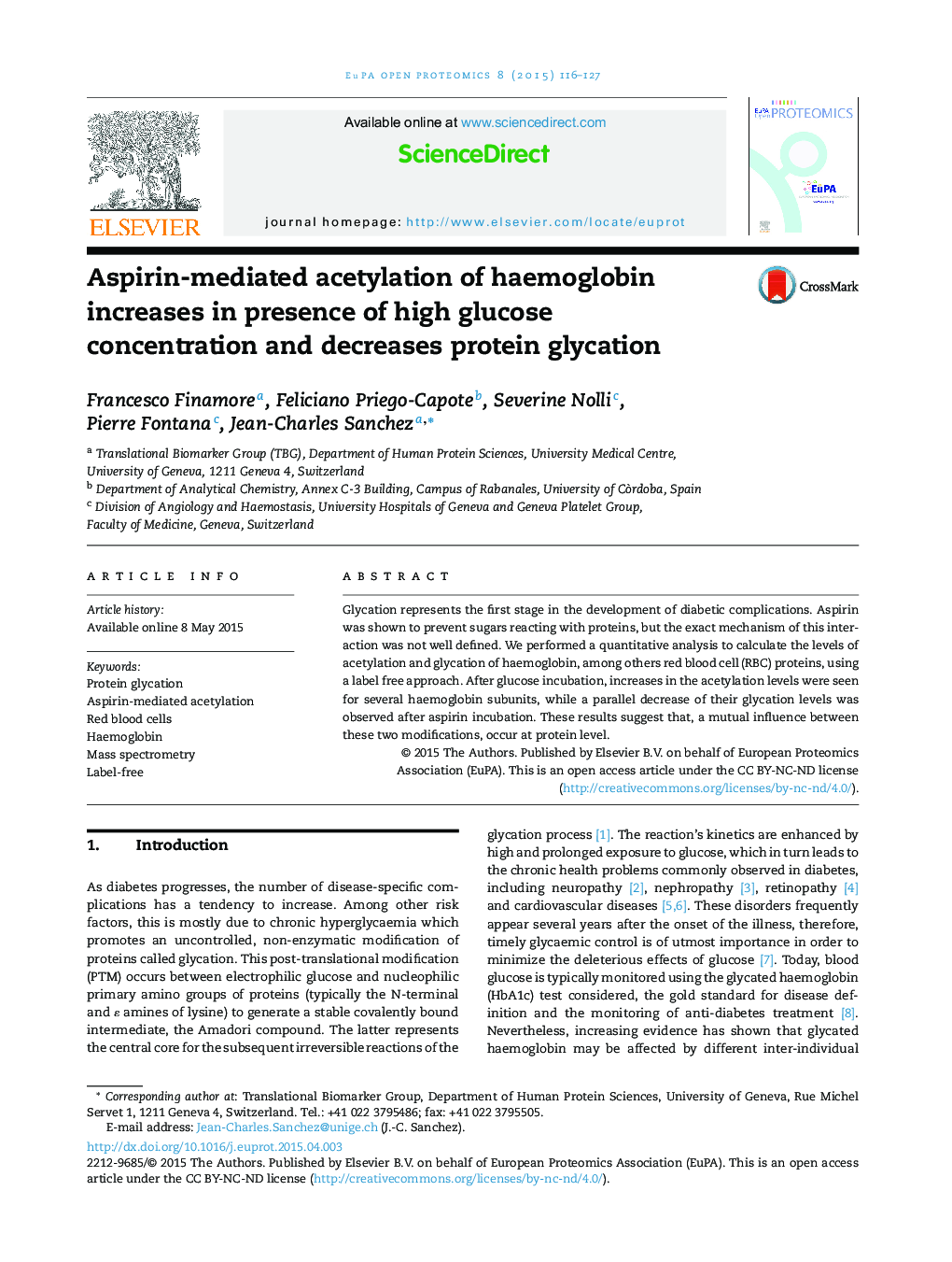 Aspirin-mediated acetylation of haemoglobin increases in presence of high glucose concentration and decreases protein glycation