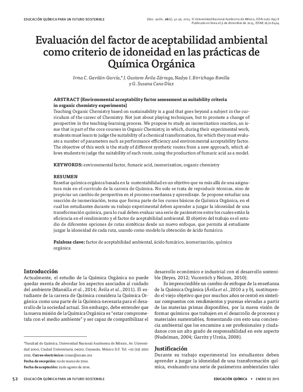 Evaluación del factor de aceptabilidad ambiental como criterio de idoneidad en las prácticas de Química Orgánica