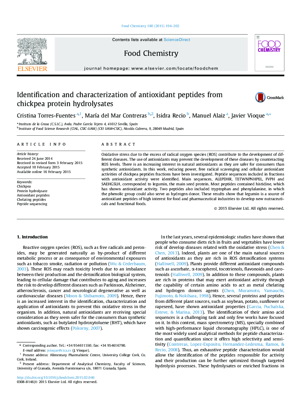 شناسایی و مشخص کردن پپتیدهای آنتی اکسیدان از هیدرولیزات پروتئین نخود 