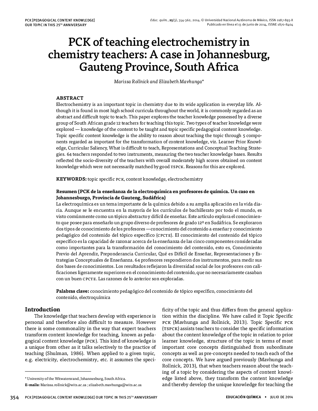 PCK of teaching electrochemistry in chemistry teachers: A case in Johannesburg, Gauteng Province, South Africa