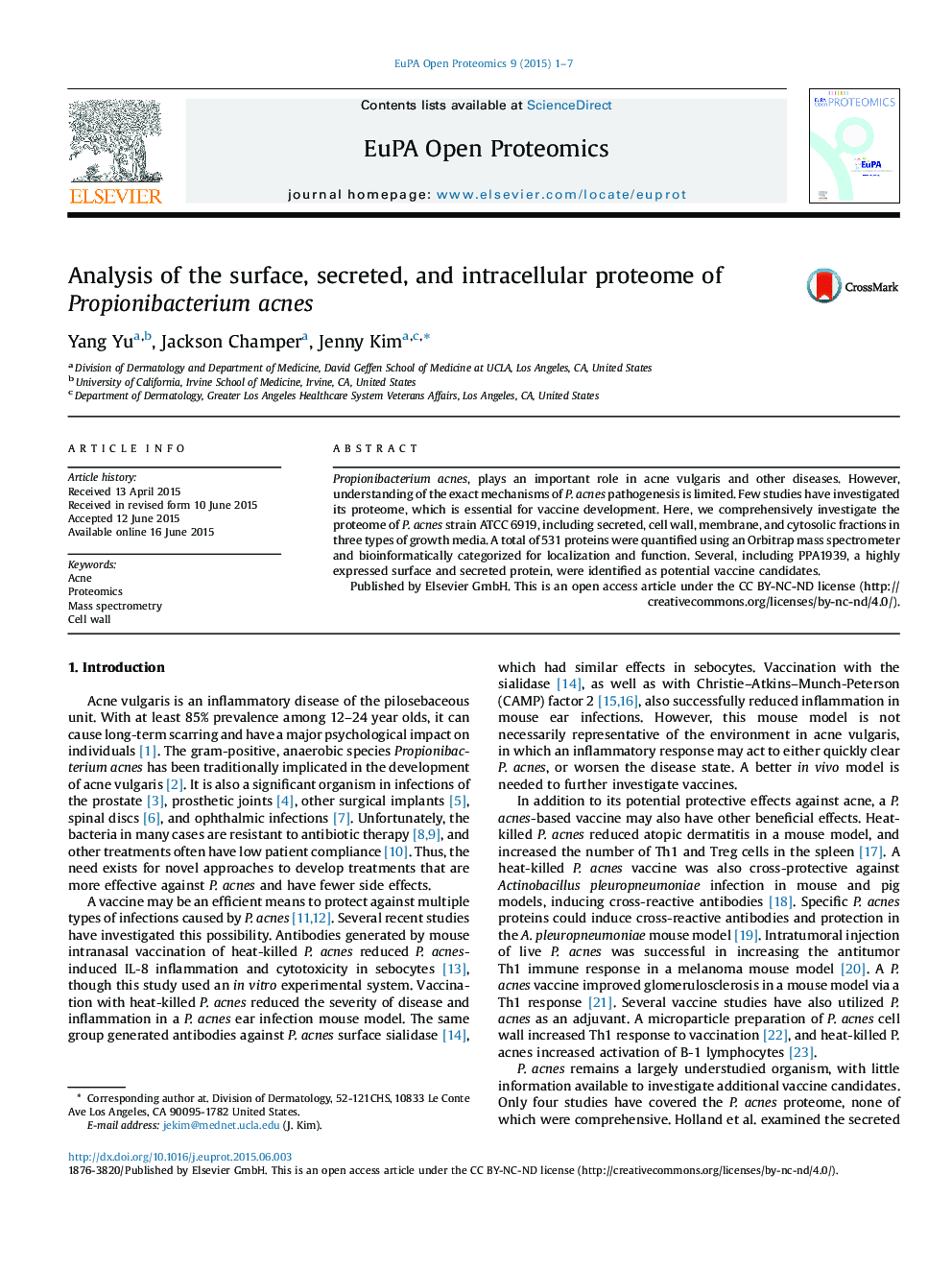Analysis of the surface, secreted, and intracellular proteome of Propionibacterium acnes