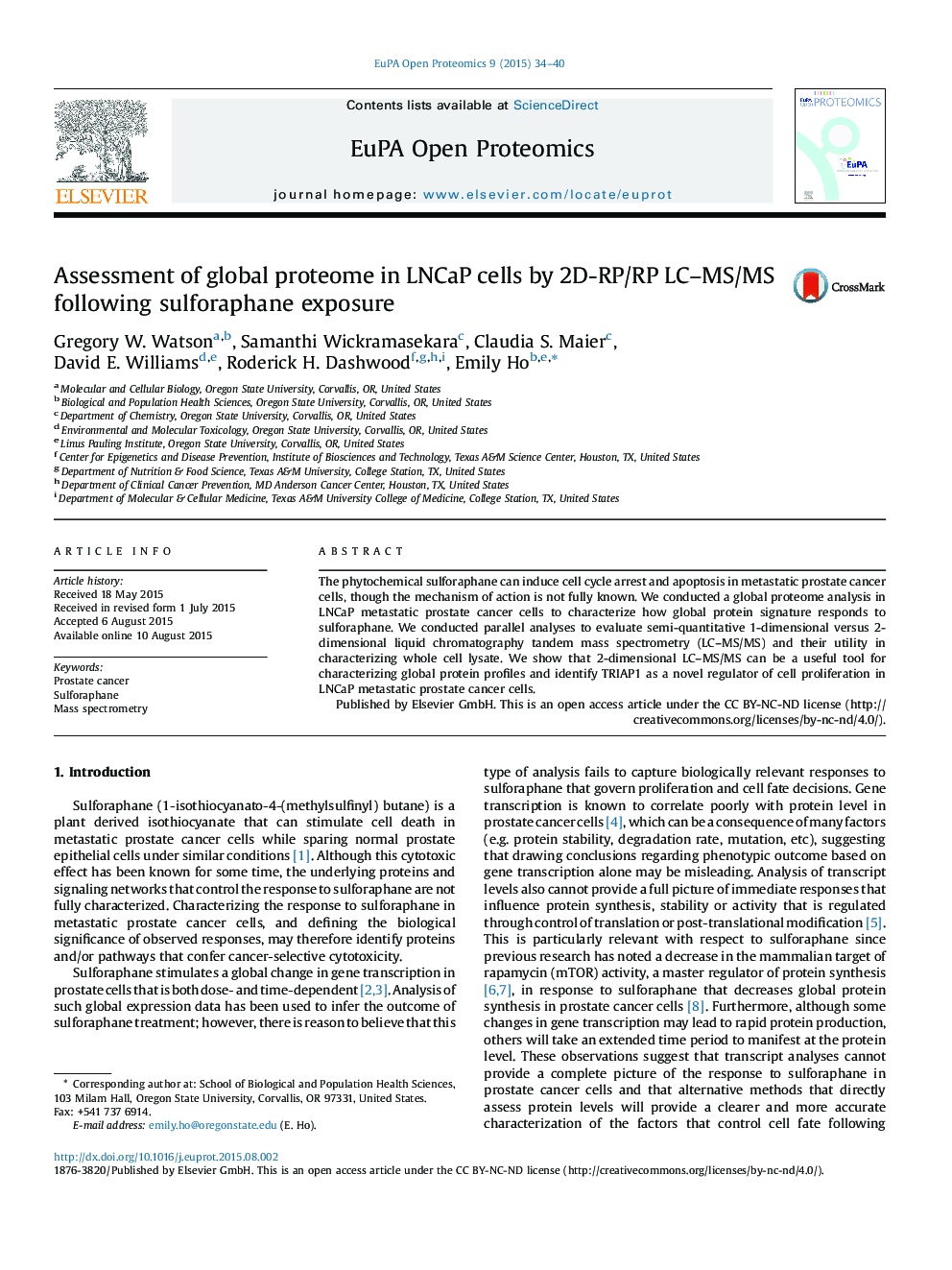Assessment of global proteome in LNCaP cells by 2D-RP/RP LC–MS/MS following sulforaphane exposure