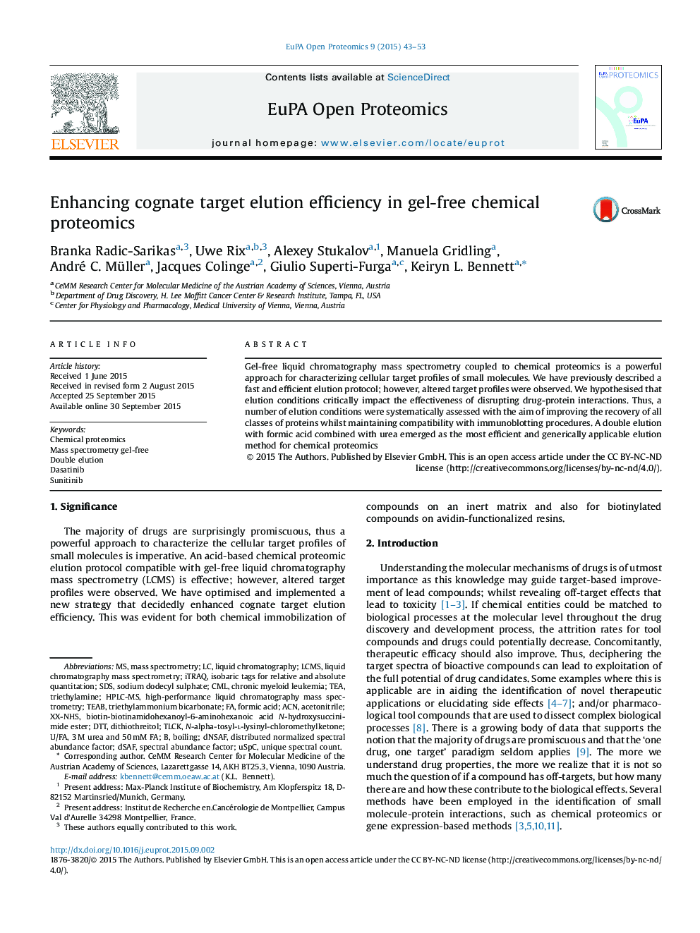 Enhancing cognate target elution efficiency in gel-free chemical proteomics