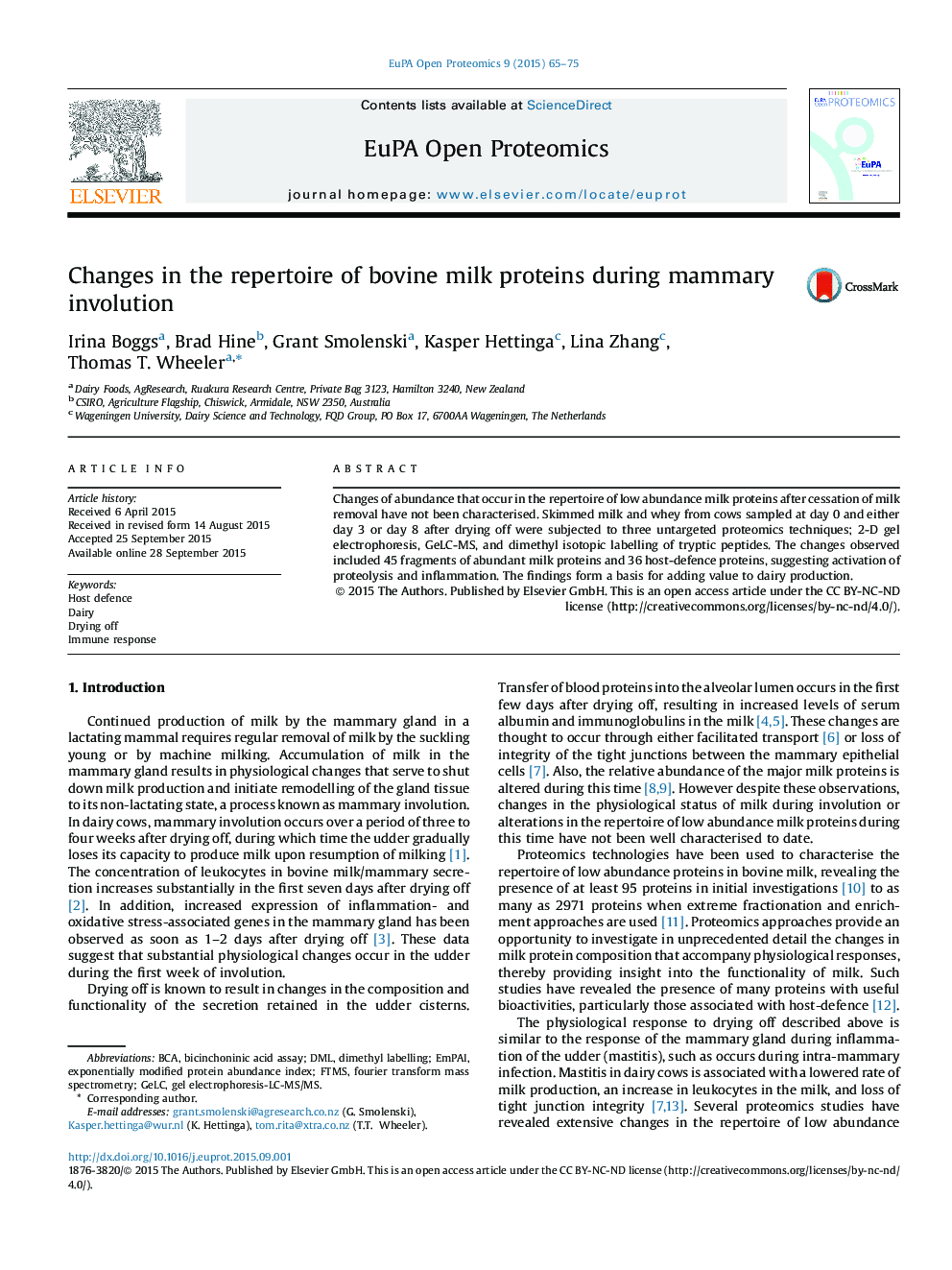 Changes in the repertoire of bovine milk proteins during mammary involution