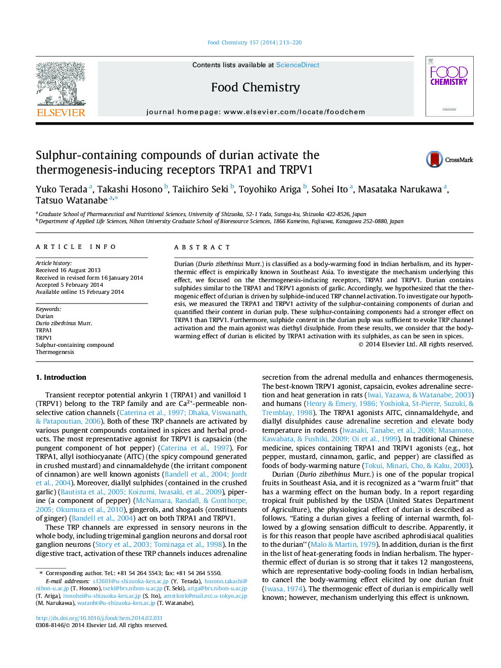 Sulphur-containing compounds of durian activate the thermogenesis-inducing receptors TRPA1 and TRPV1