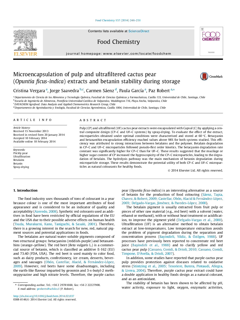 Microencapsulation of pulp and ultrafiltered cactus pear (Opuntia ficus-indica) extracts and betanin stability during storage