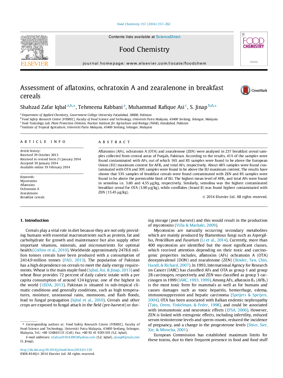 Assessment of aflatoxins, ochratoxin A and zearalenone in breakfast cereals