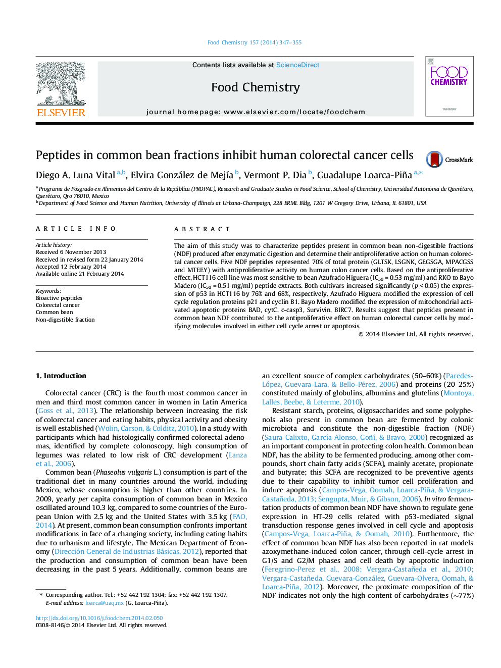 Peptides in common bean fractions inhibit human colorectal cancer cells