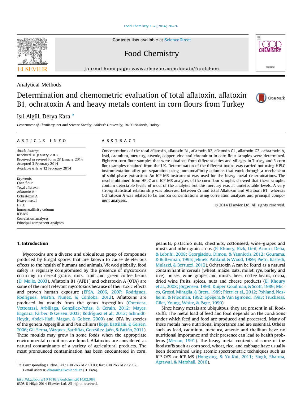 Determination and chemometric evaluation of total aflatoxin, aflatoxin B1, ochratoxin A and heavy metals content in corn flours from Turkey