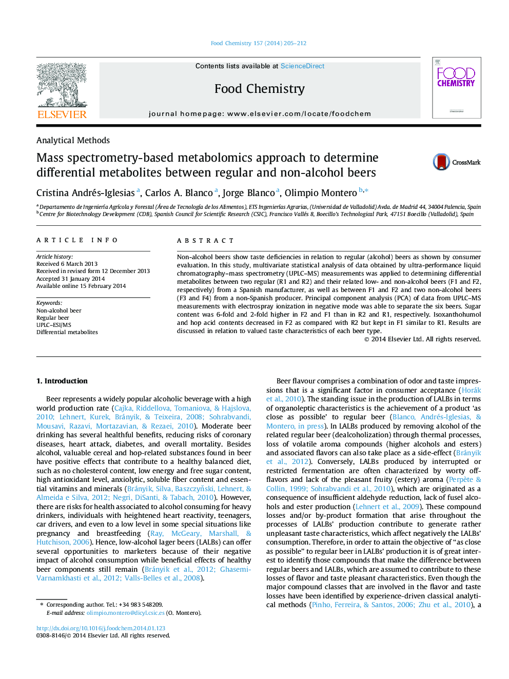 Mass spectrometry-based metabolomics approach to determine differential metabolites between regular and non-alcohol beers