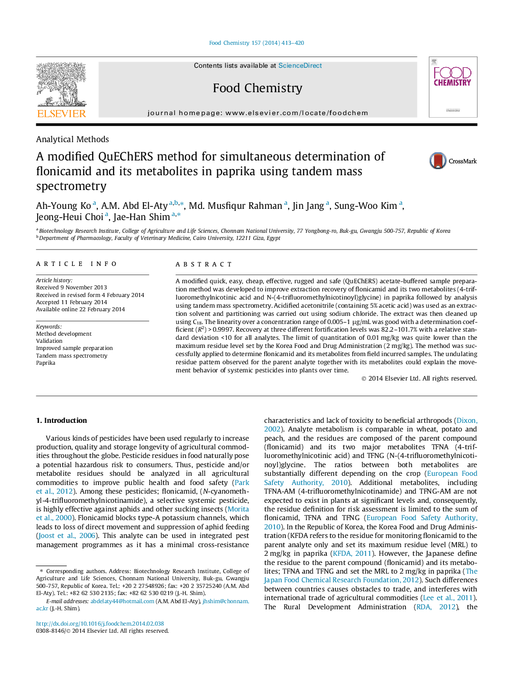 A modified QuEChERS method for simultaneous determination of flonicamid and its metabolites in paprika using tandem mass spectrometry