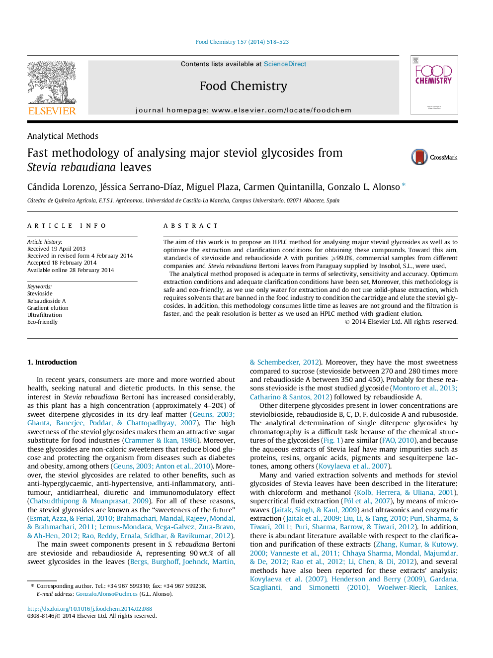 Fast methodology of analysing major steviol glycosides from Stevia rebaudiana leaves