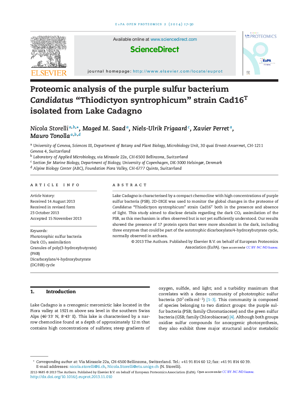 Proteomic analysis of the purple sulfur bacterium Candidatus “Thiodictyon syntrophicum” strain Cad16T isolated from Lake Cadagno