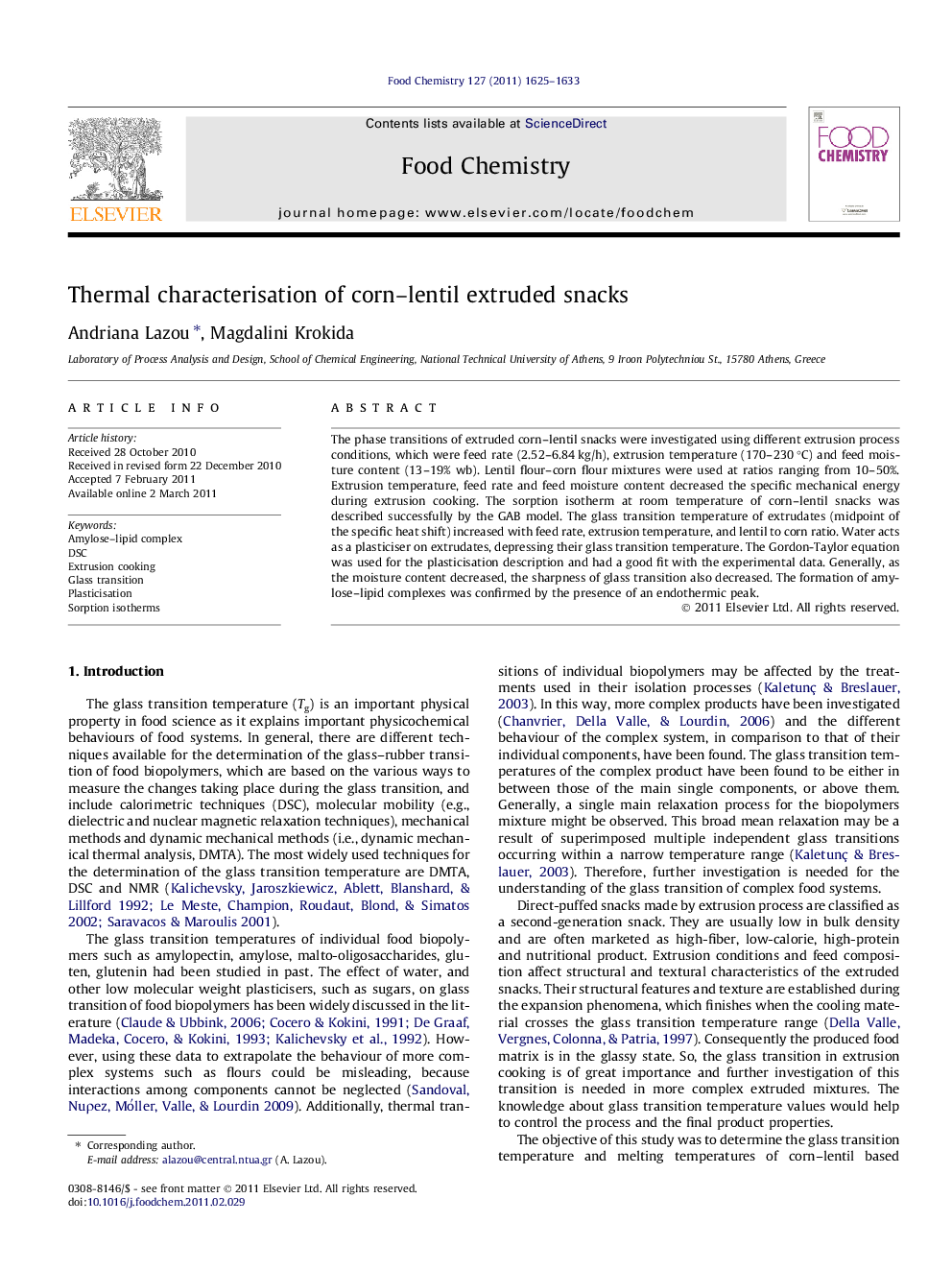 Thermal characterisation of corn–lentil extruded snacks