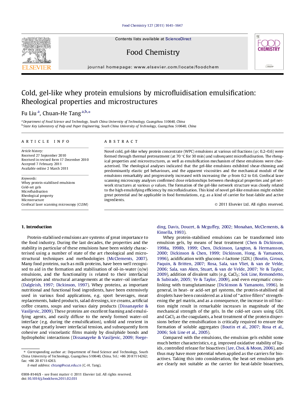 Cold, gel-like whey protein emulsions by microfluidisation emulsification: Rheological properties and microstructures