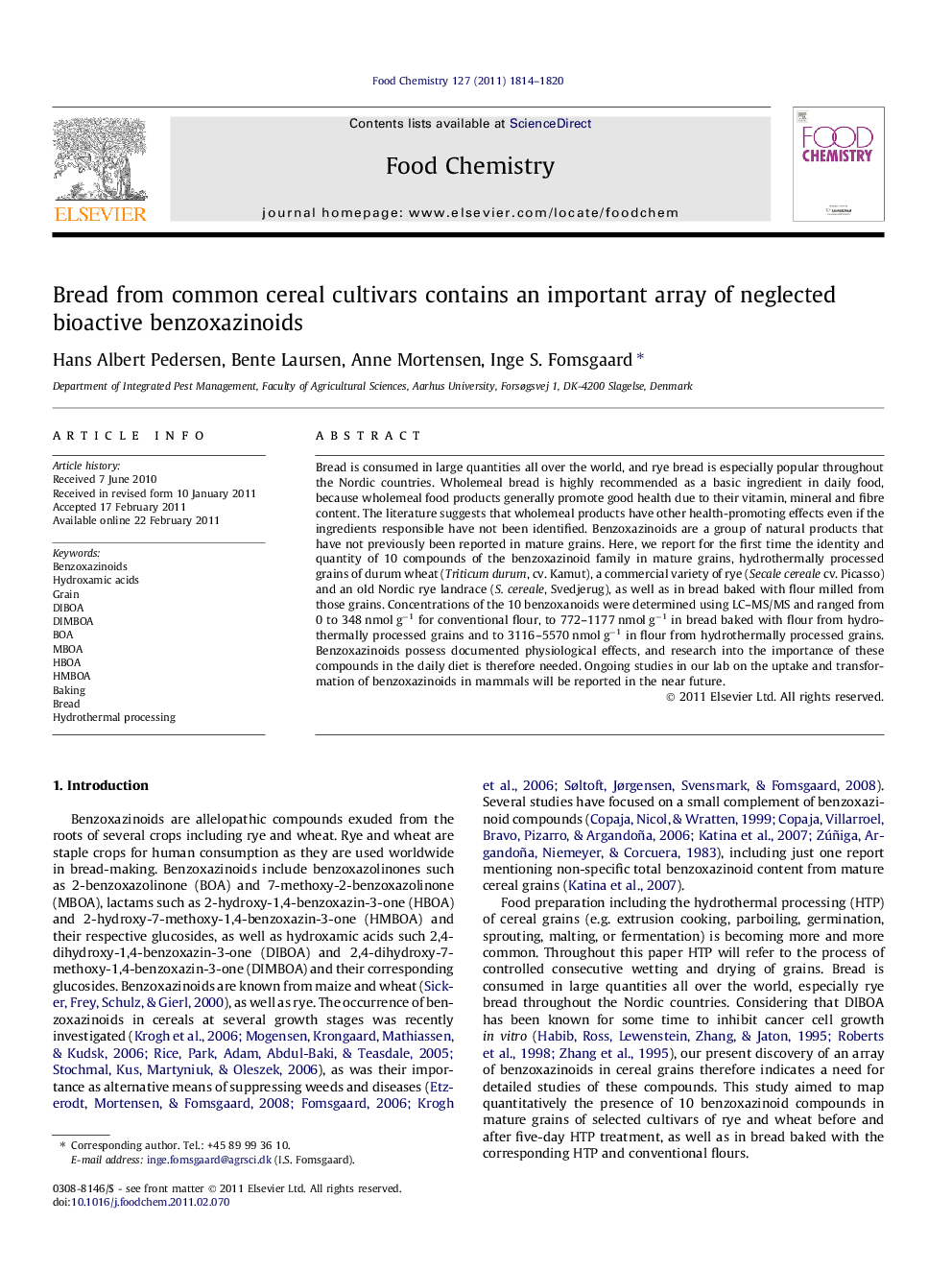 Bread from common cereal cultivars contains an important array of neglected bioactive benzoxazinoids