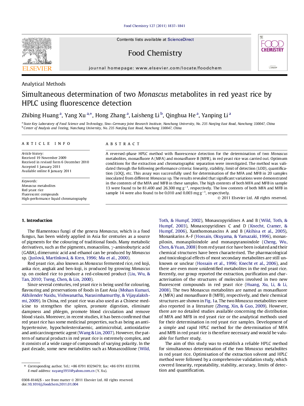 Simultaneous determination of two Monascus metabolites in red yeast rice by HPLC using fluorescence detection