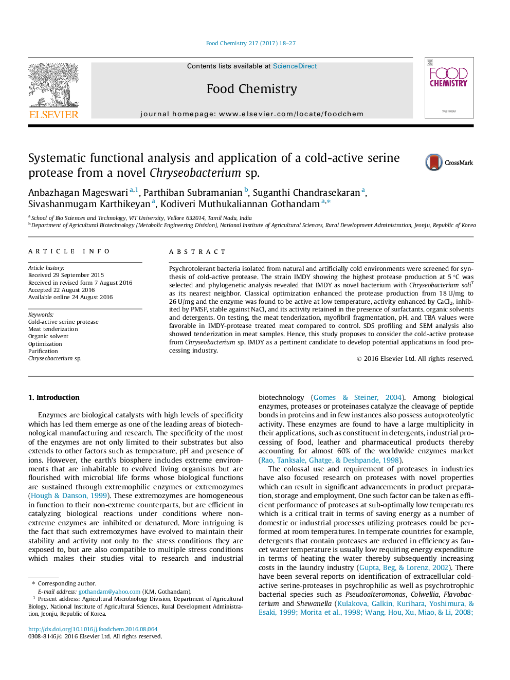 تجزیه و تحلیل عملکرد سیستماتیک و کاربرد یک پروتئاز سرین سرد فعال از یک Chryseobacterium sp. جدید