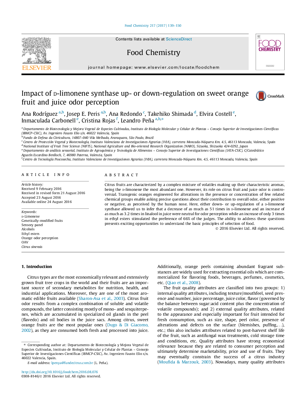 Impact of d-limonene synthase up- or down-regulation on sweet orange fruit and juice odor perception