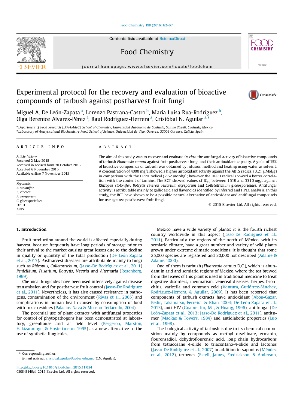 Experimental protocol for the recovery and evaluation of bioactive compounds of tarbush against postharvest fruit fungi