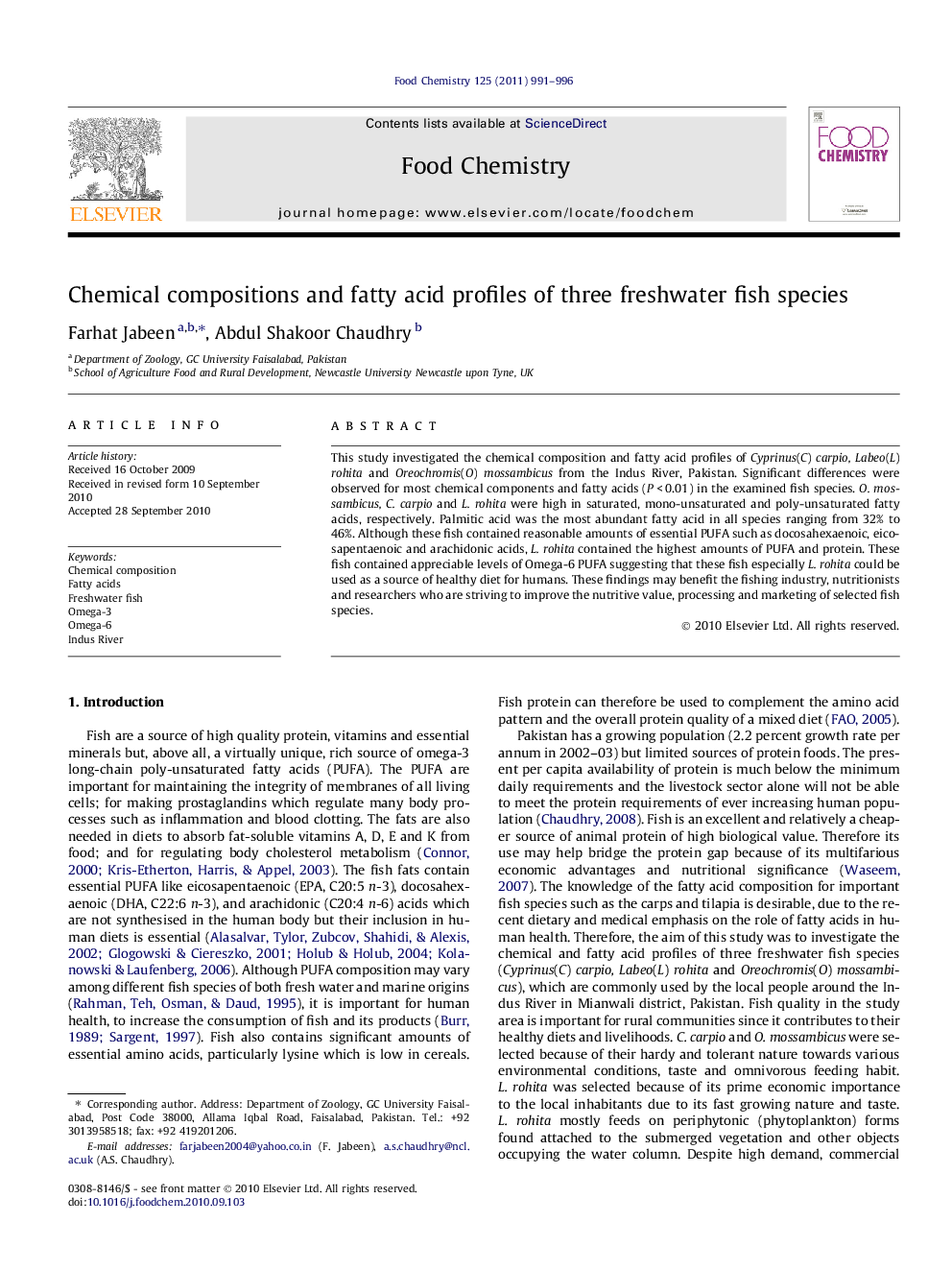 Chemical compositions and fatty acid profiles of three freshwater fish species