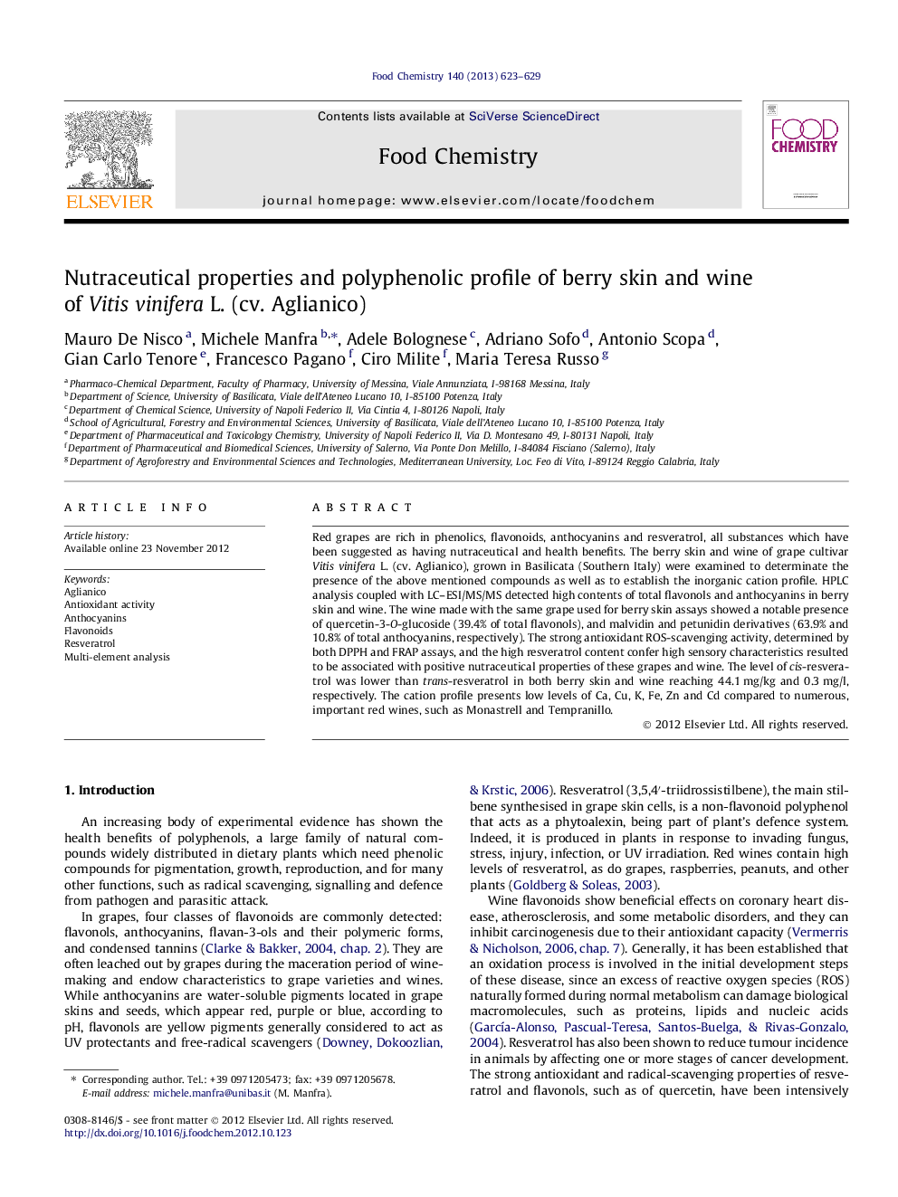 Nutraceutical properties and polyphenolic profile of berry skin and wine of Vitis vinifera L. (cv. Aglianico)