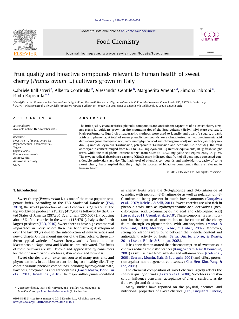 Fruit quality and bioactive compounds relevant to human health of sweet cherry (Prunus avium L.) cultivars grown in Italy