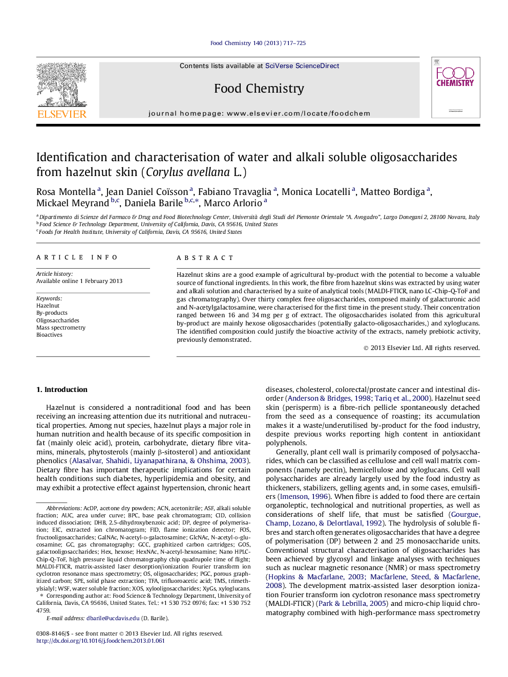 Identification and characterisation of water and alkali soluble oligosaccharides from hazelnut skin (Corylus avellana L.)