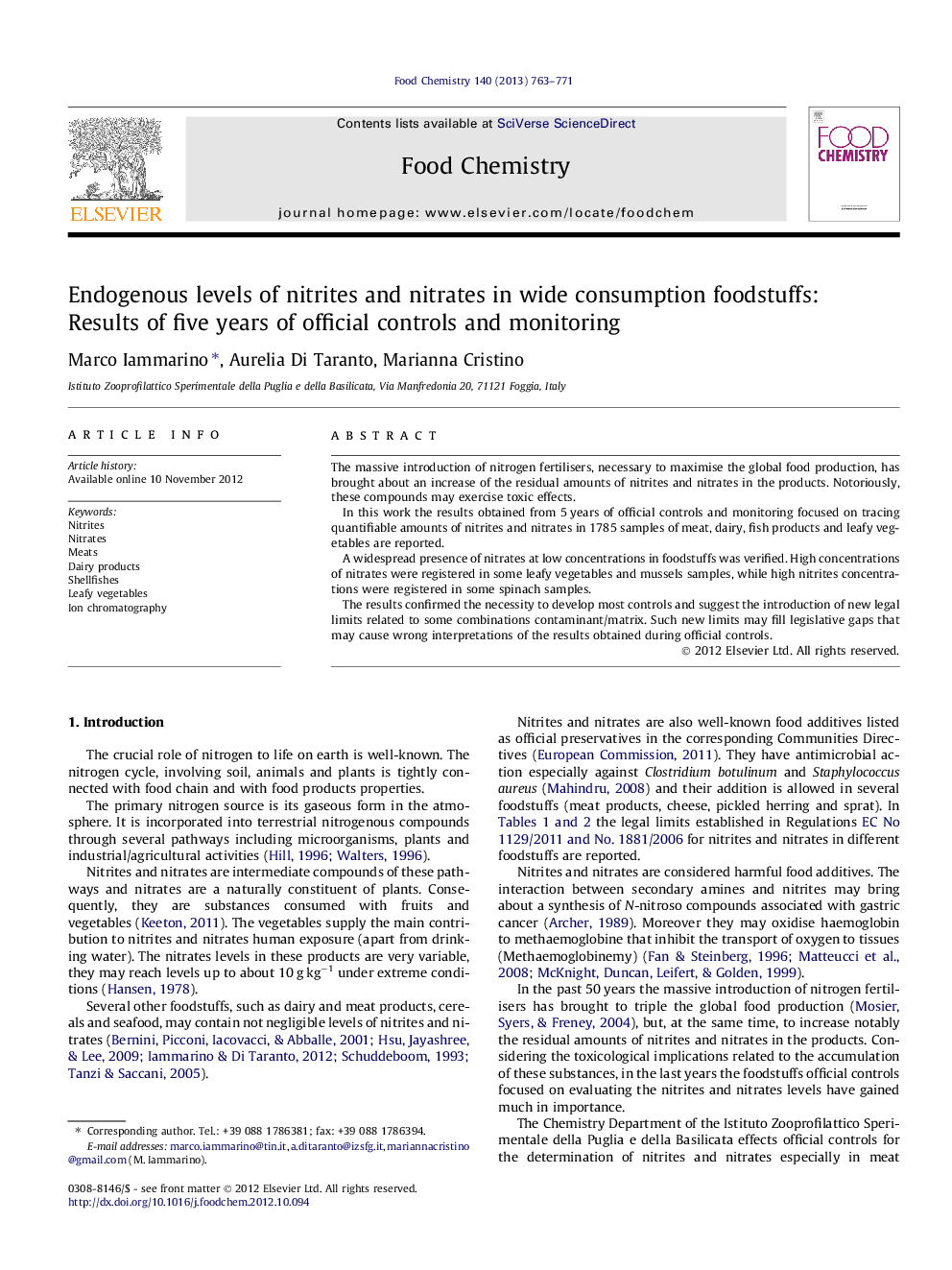 Endogenous levels of nitrites and nitrates in wide consumption foodstuffs: Results of five years of official controls and monitoring