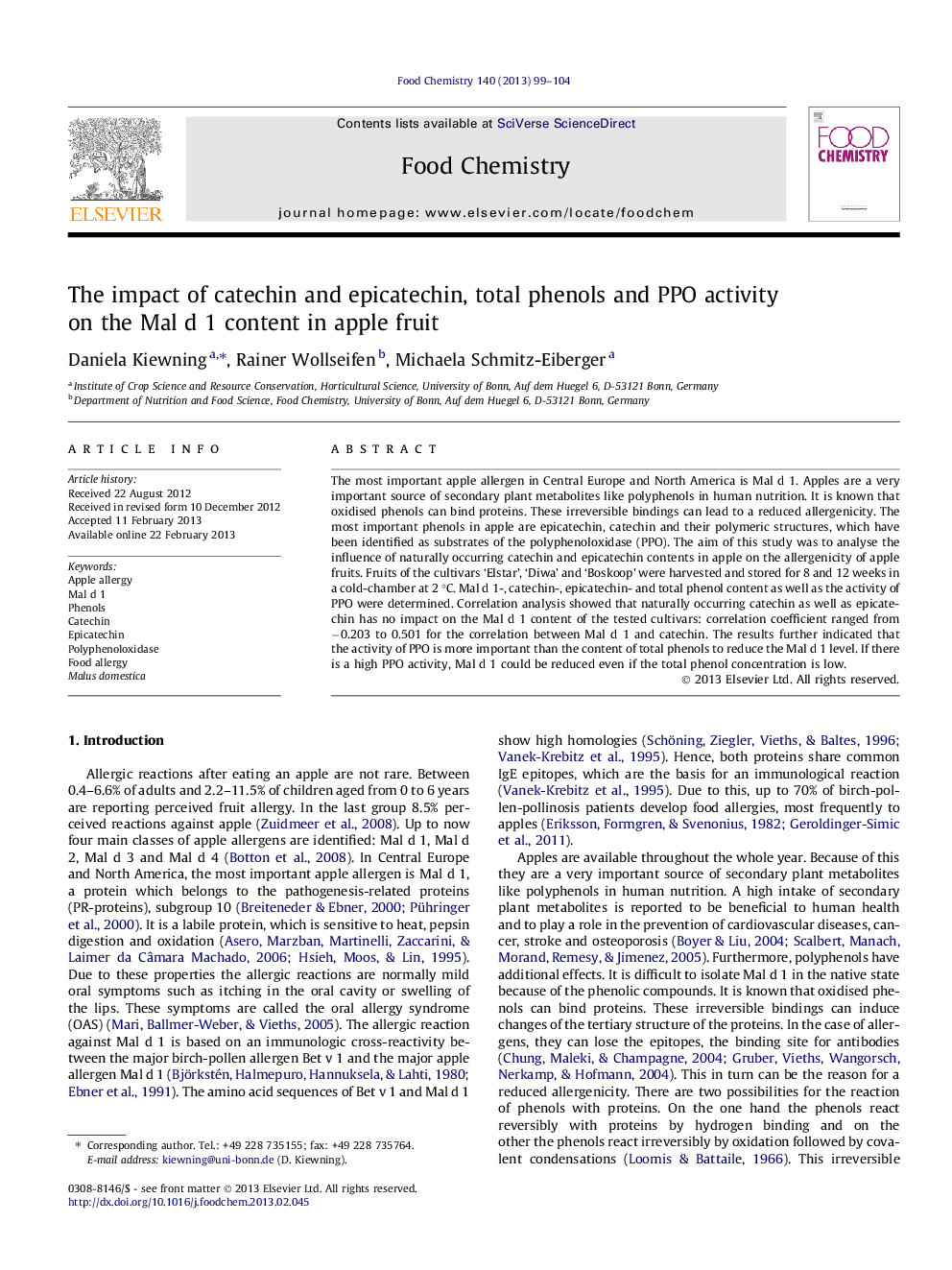 The impact of catechin and epicatechin, total phenols and PPO activity on the Mal d 1 content in apple fruit