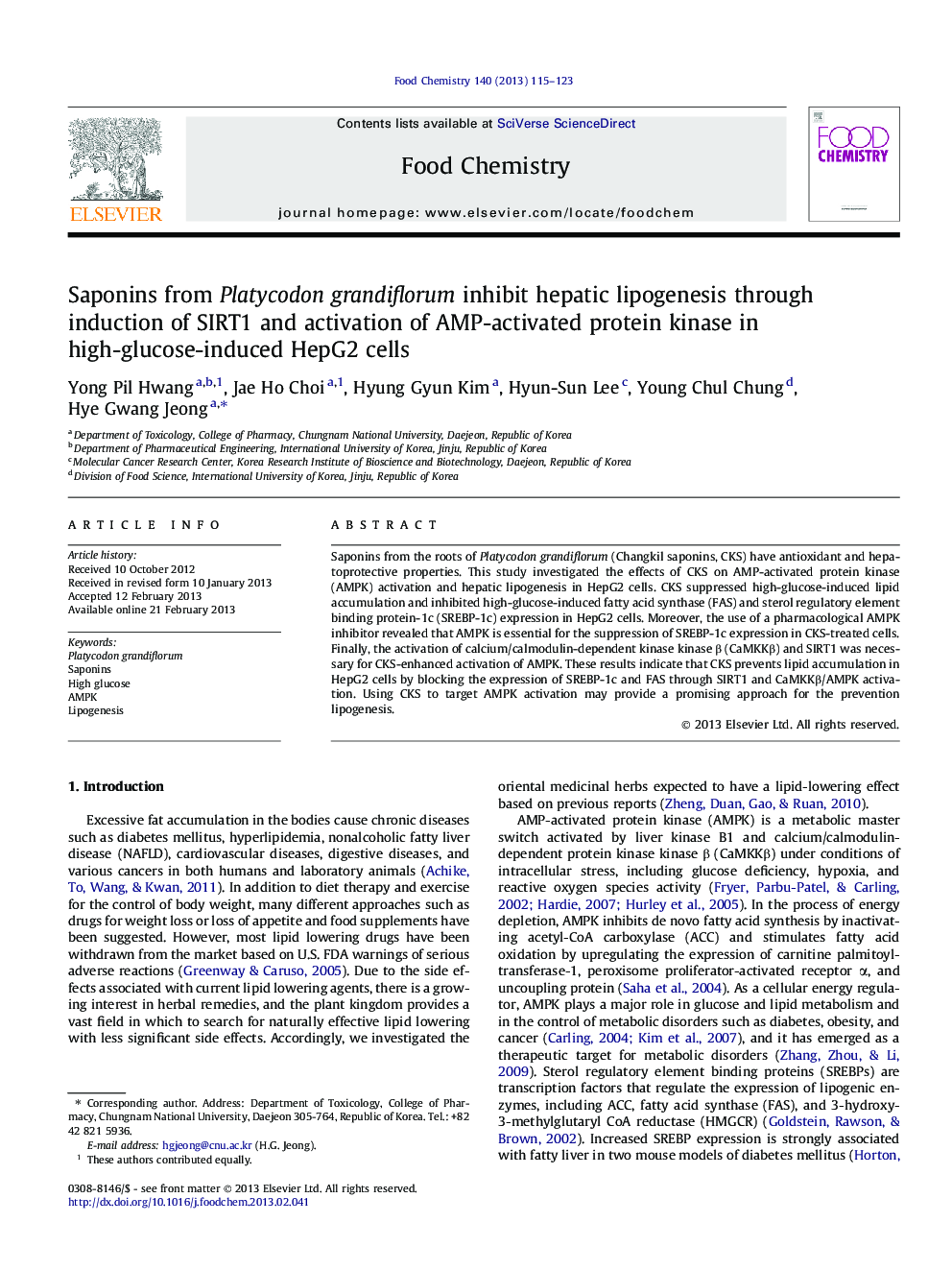 Saponins from Platycodon grandiflorum inhibit hepatic lipogenesis through induction of SIRT1 and activation of AMP-activated protein kinase in high-glucose-induced HepG2 cells