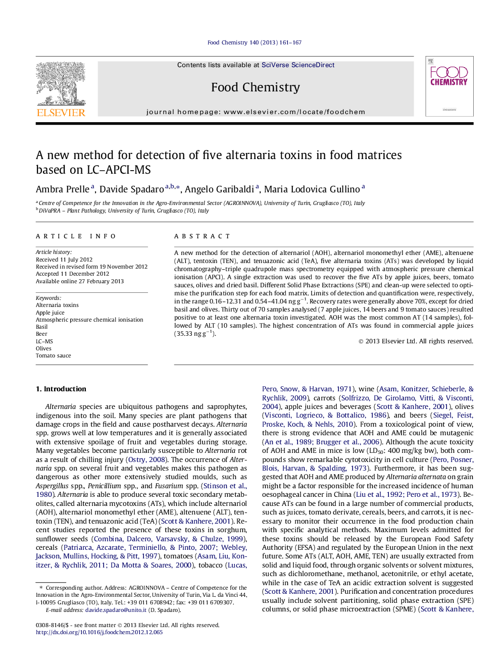 A new method for detection of five alternaria toxins in food matrices based on LC–APCI-MS