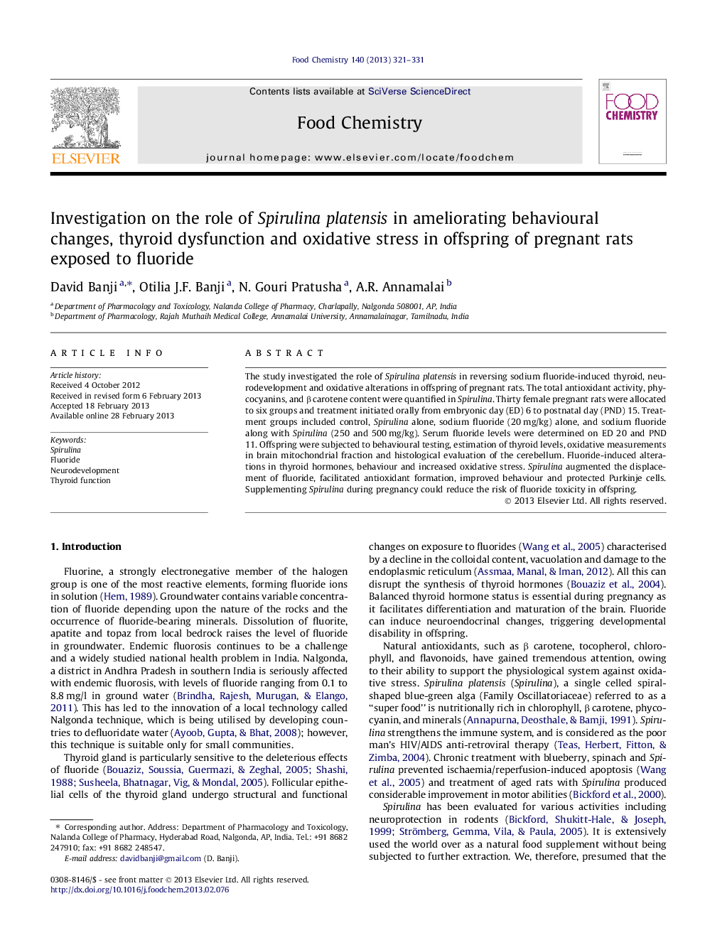 Investigation on the role of Spirulina platensis in ameliorating behavioural changes, thyroid dysfunction and oxidative stress in offspring of pregnant rats exposed to fluoride