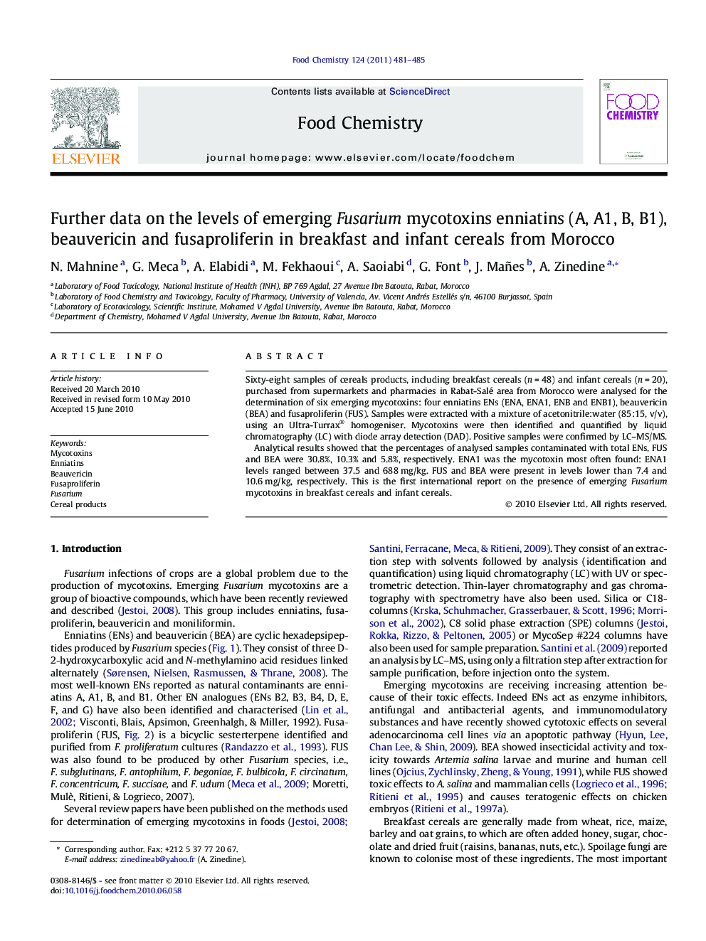 Further data on the levels of emerging Fusarium mycotoxins enniatins (A, A1, B, B1), beauvericin and fusaproliferin in breakfast and infant cereals from Morocco