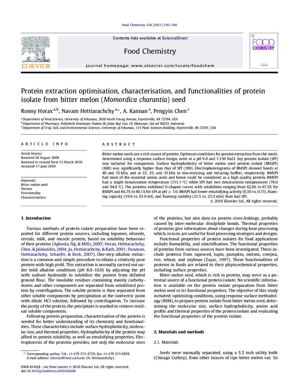 Protein extraction optimisation, characterisation, and functionalities of protein isolate from bitter melon (Momordica charantia) seed