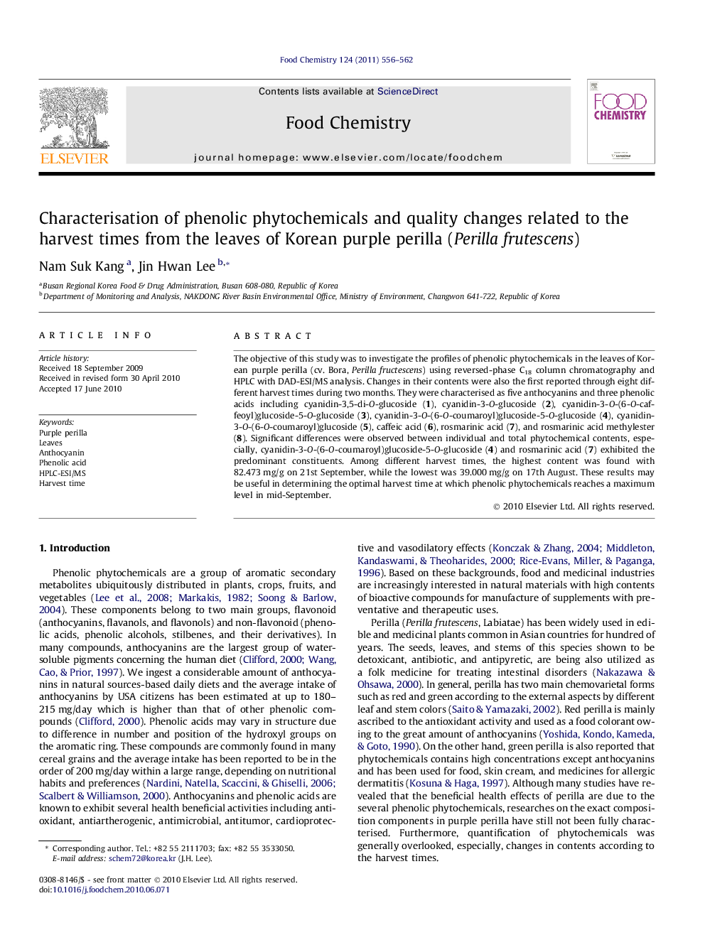 Characterisation of phenolic phytochemicals and quality changes related to the harvest times from the leaves of Korean purple perilla (Perilla frutescens)