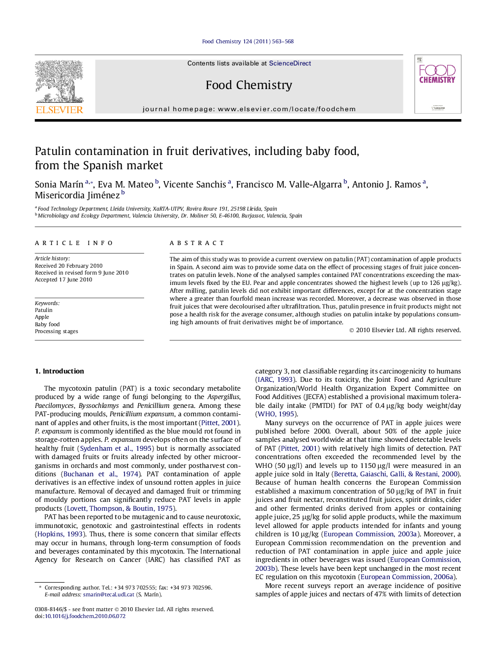 Patulin contamination in fruit derivatives, including baby food, from the Spanish market