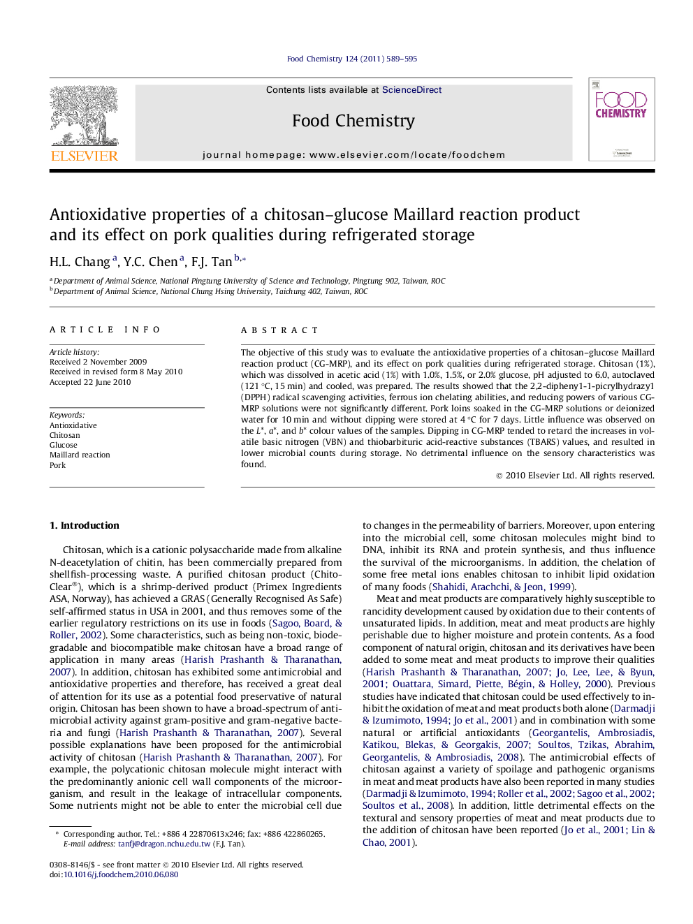 Antioxidative properties of a chitosan–glucose Maillard reaction product and its effect on pork qualities during refrigerated storage