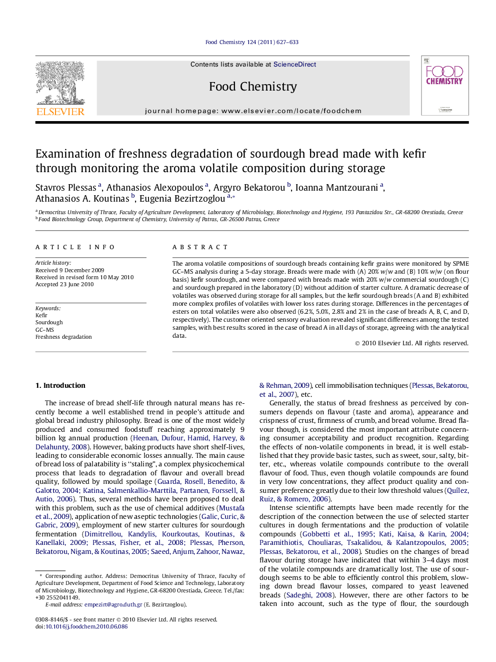 Examination of freshness degradation of sourdough bread made with kefir through monitoring the aroma volatile composition during storage