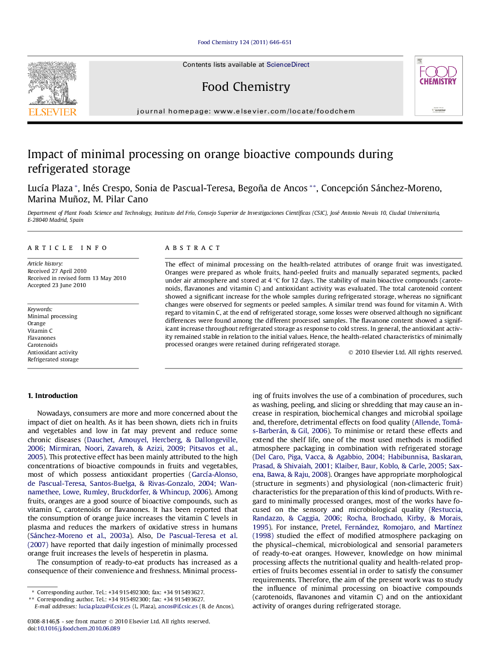 Impact of minimal processing on orange bioactive compounds during refrigerated storage