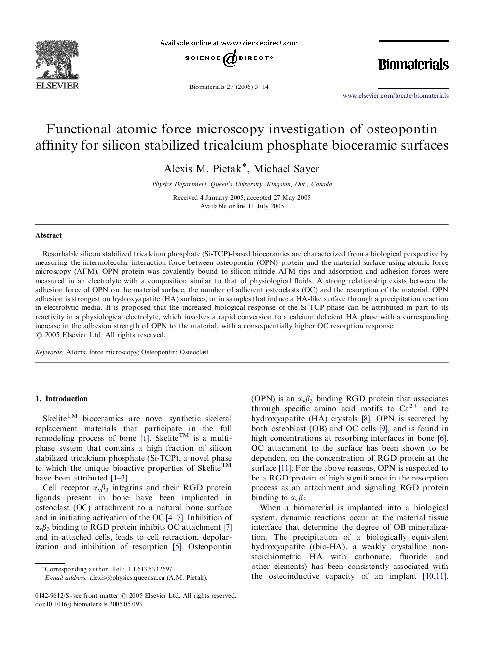 Functional atomic force microscopy investigation of osteopontin affinity for silicon stabilized tricalcium phosphate bioceramic surfaces