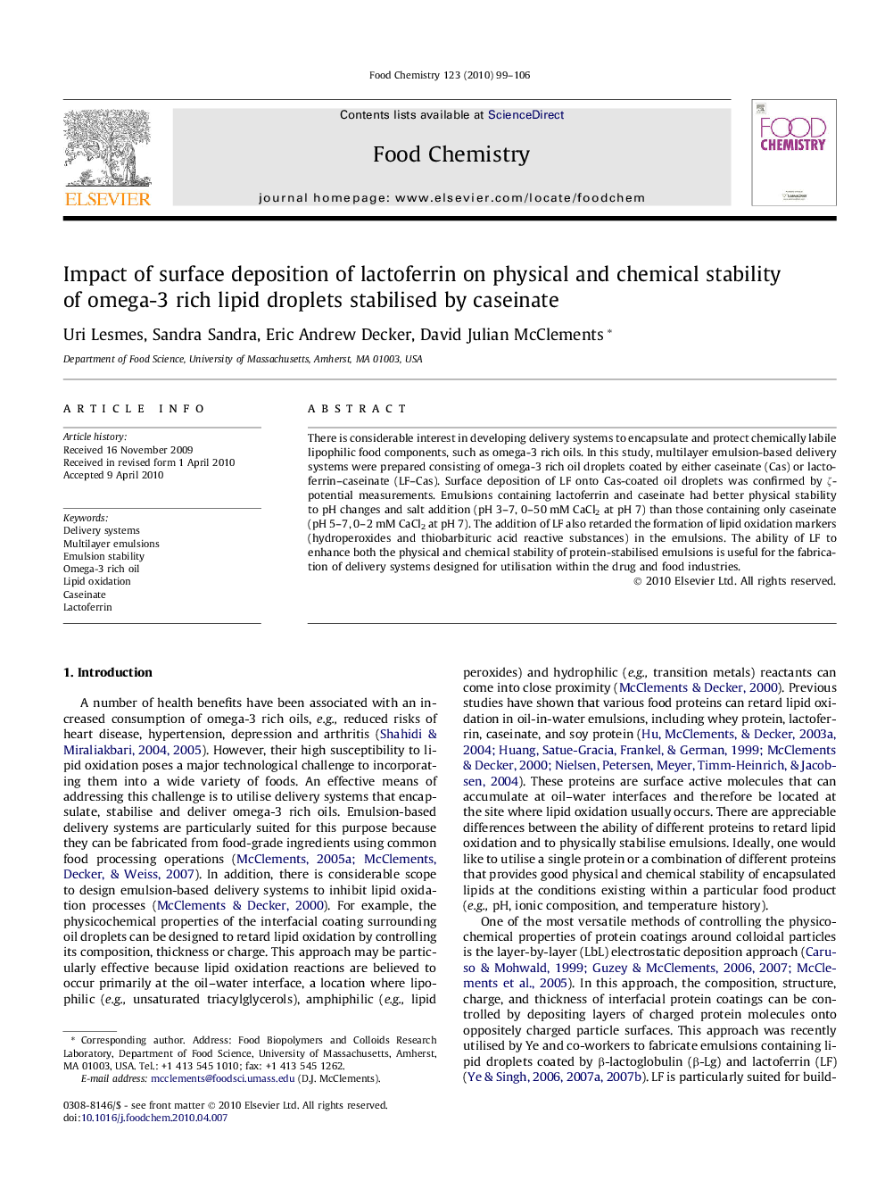 Impact of surface deposition of lactoferrin on physical and chemical stability of omega-3 rich lipid droplets stabilised by caseinate